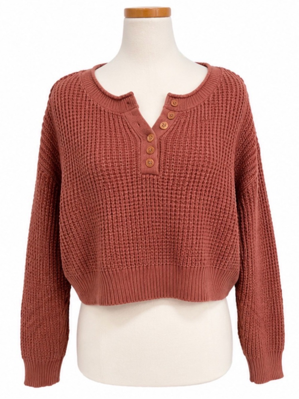 Aeropostale Cinnamon Rose Waffle Knit Cropped Henley Sweater Oversized Medium